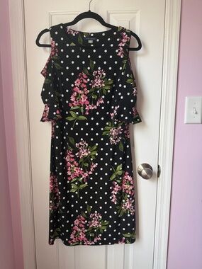 Tommy Hilfiger Black Polka Dot Midi Dress with Pink Floral Print